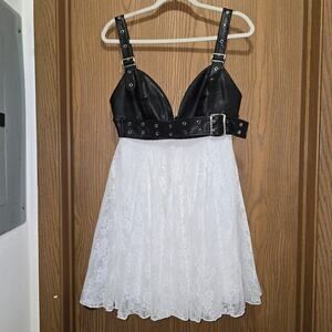 AKIRA Sz L Edgy With A Bow On Top Mini Dress Black Faux Leather White Lace NWOT